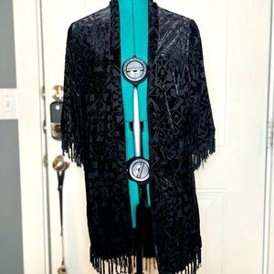 Black kimono cardigan with velvet design and tassel Fringe.